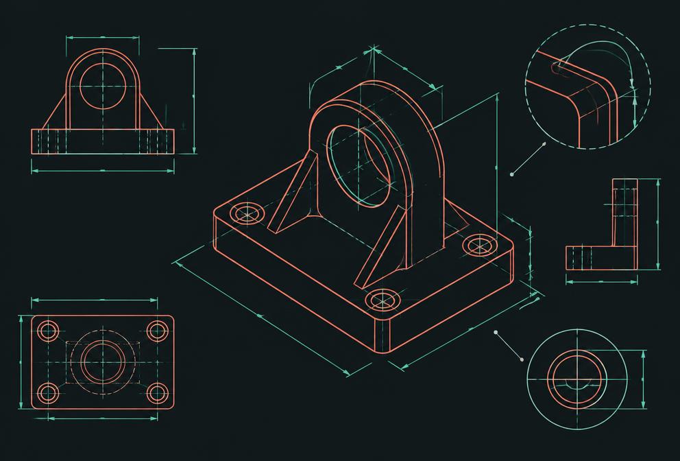Illustration of an isometric technical drawing with dimension lines