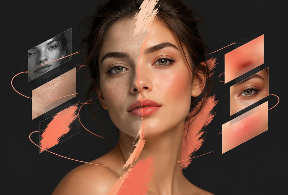 Illustration of a portrait being retouched with colour layers