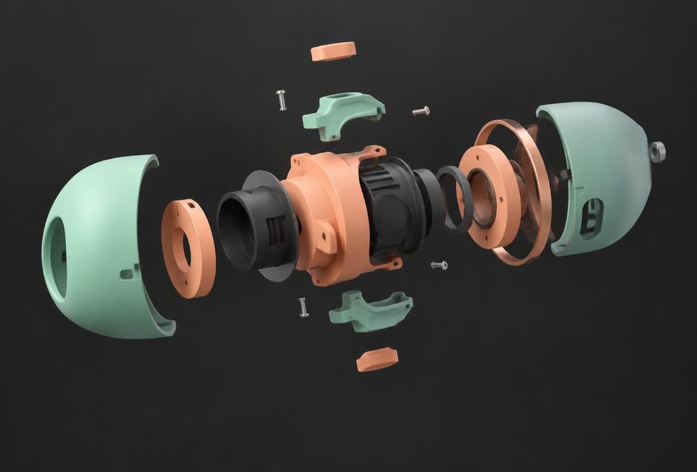 Illustration of an exploded 3D mechanical assembly